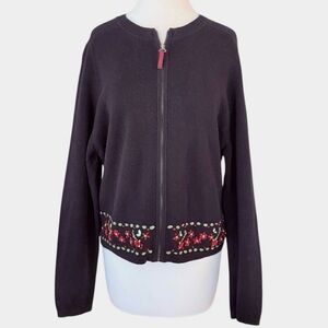 Vintage Woolrich Black Zip Up Cardigan Cotton Ramie Floral Ribbon Embroidery Med